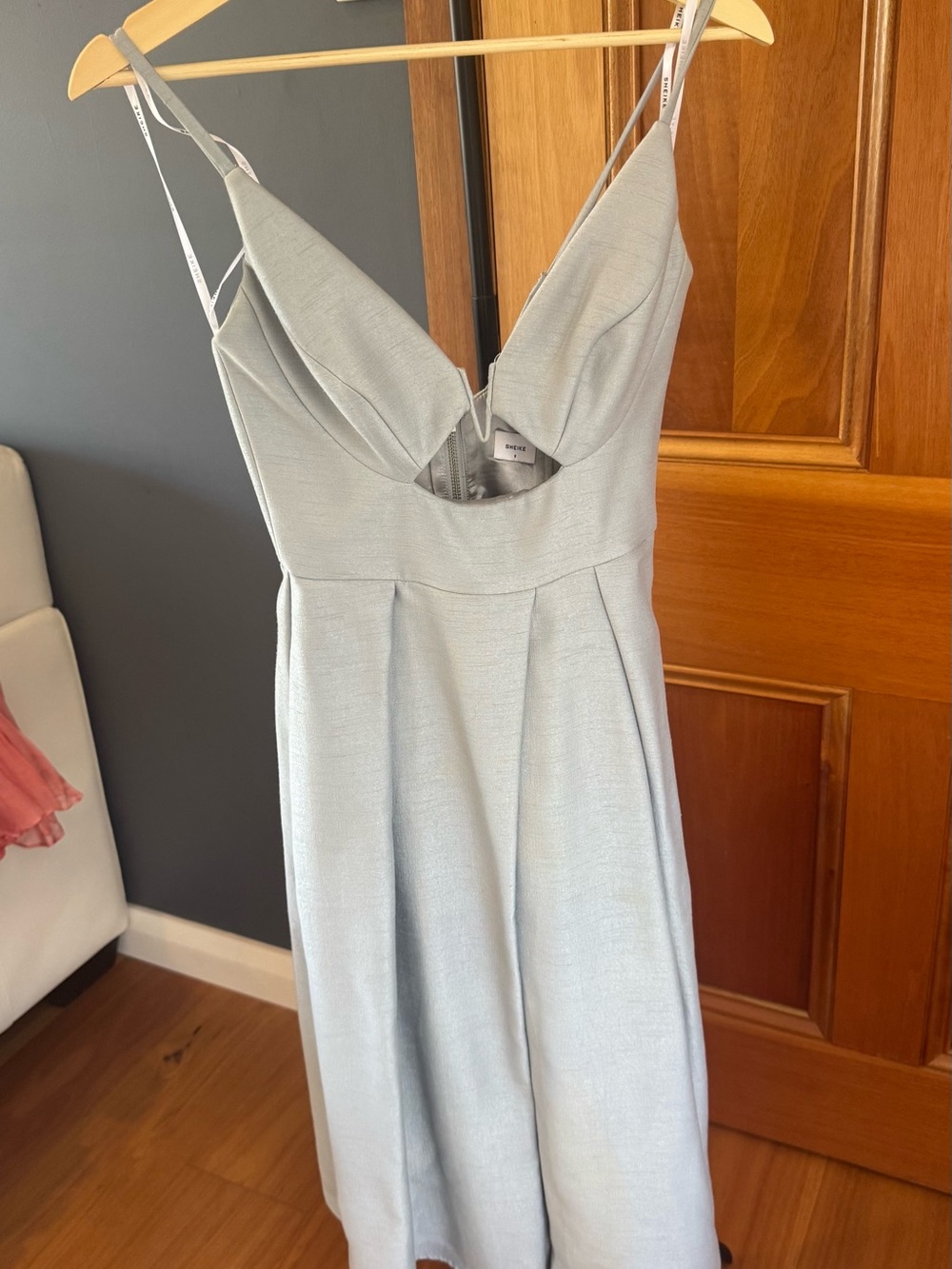 Light Blue Spaghetti Strap Midi Dress with Cut-Out